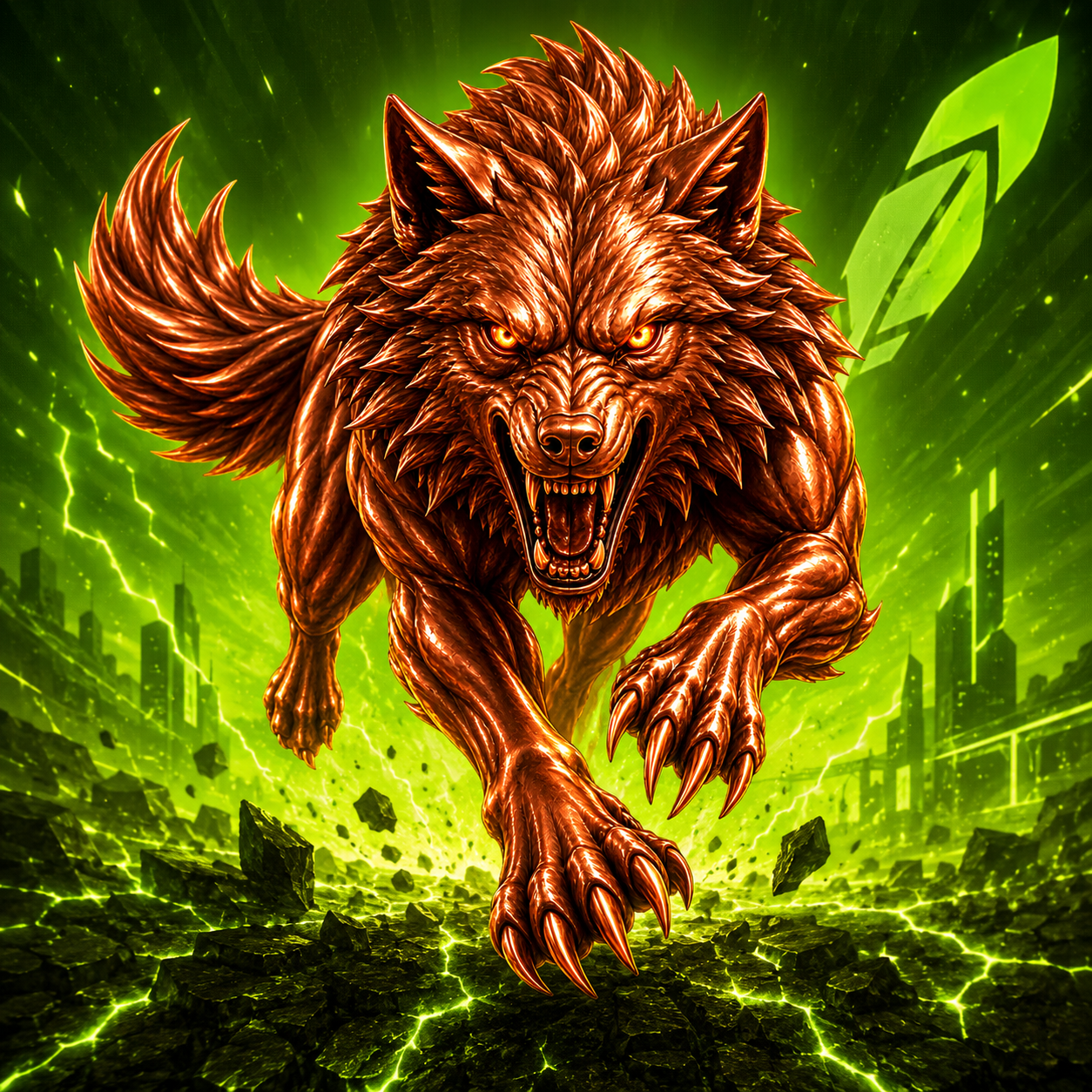 Copper Wolf charging through lime energy and industrial skyline